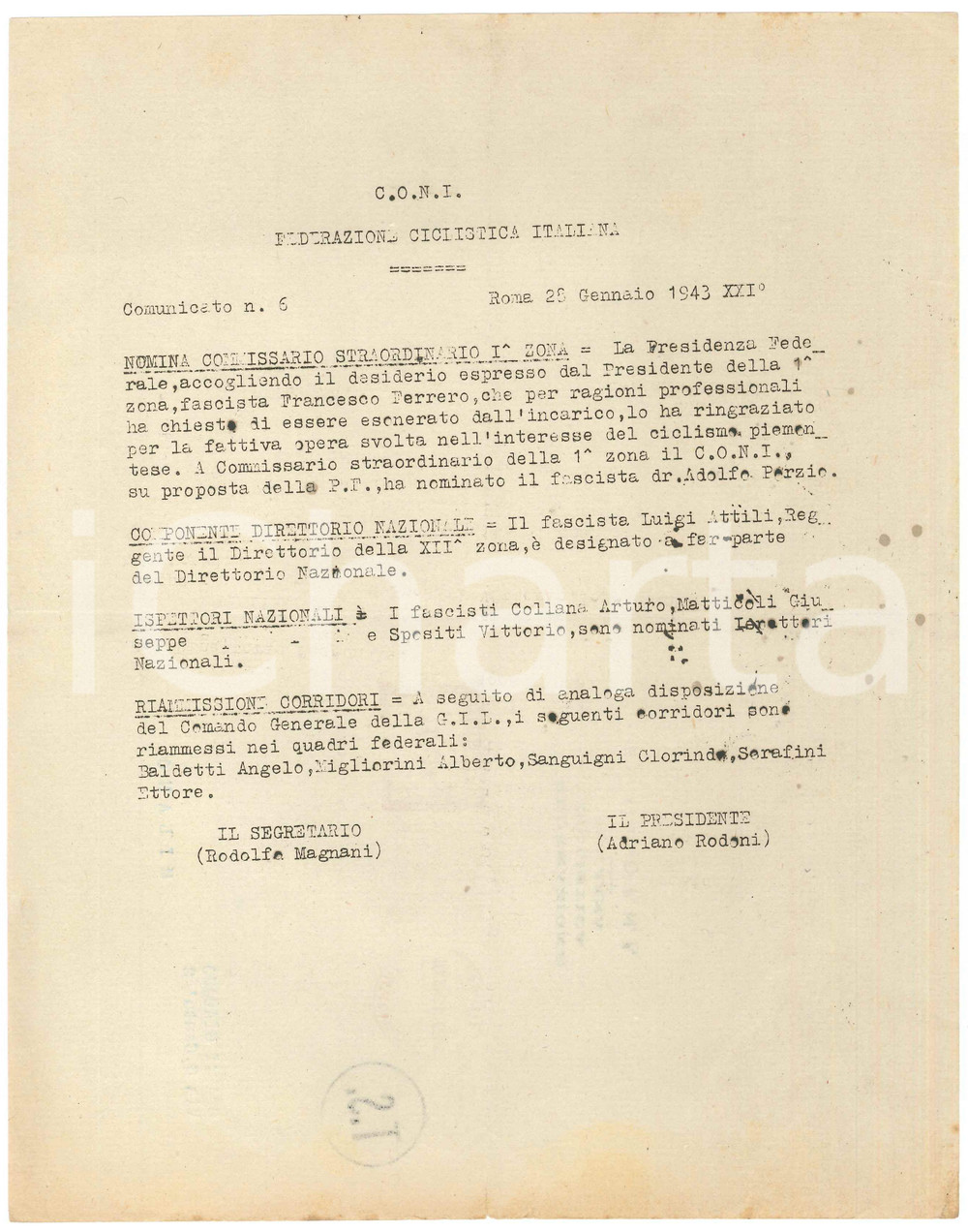 Documento originale, autentico 1943 CONI Federazione Ciclistica Italiana  Nomina Commissario Comunicato 1