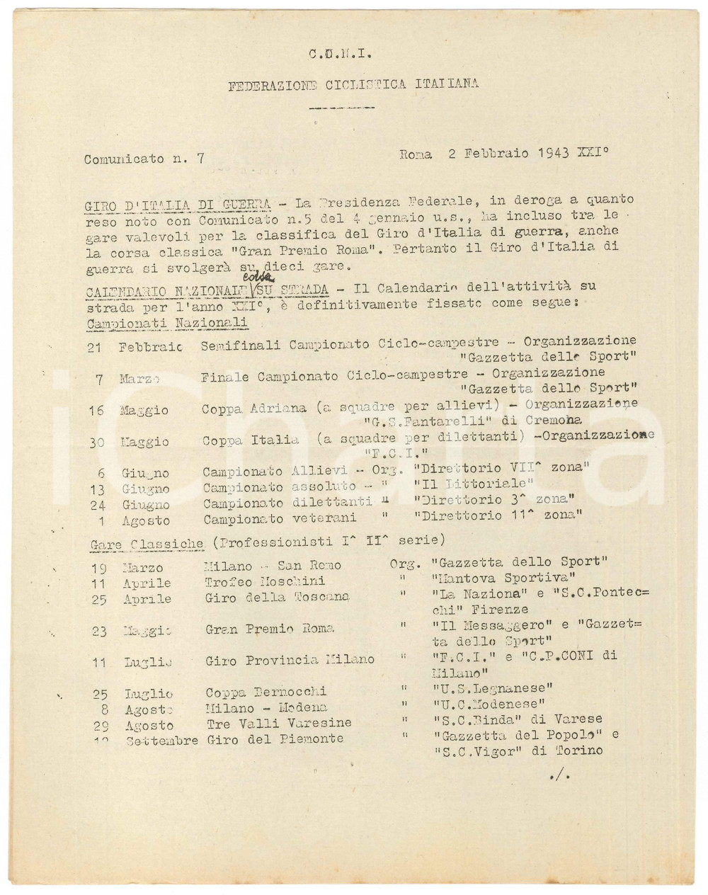 Documento originale, autentico 1943 CONI CICLISMO  Giro d Italia di Guerra  Calendario nazionale Comunicato 1