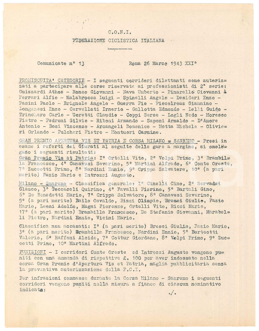 Documento originale, autentico 1943 CONI CICLISMO  Gran Premio et Patria  MIlanoSanremo Comunicato 1