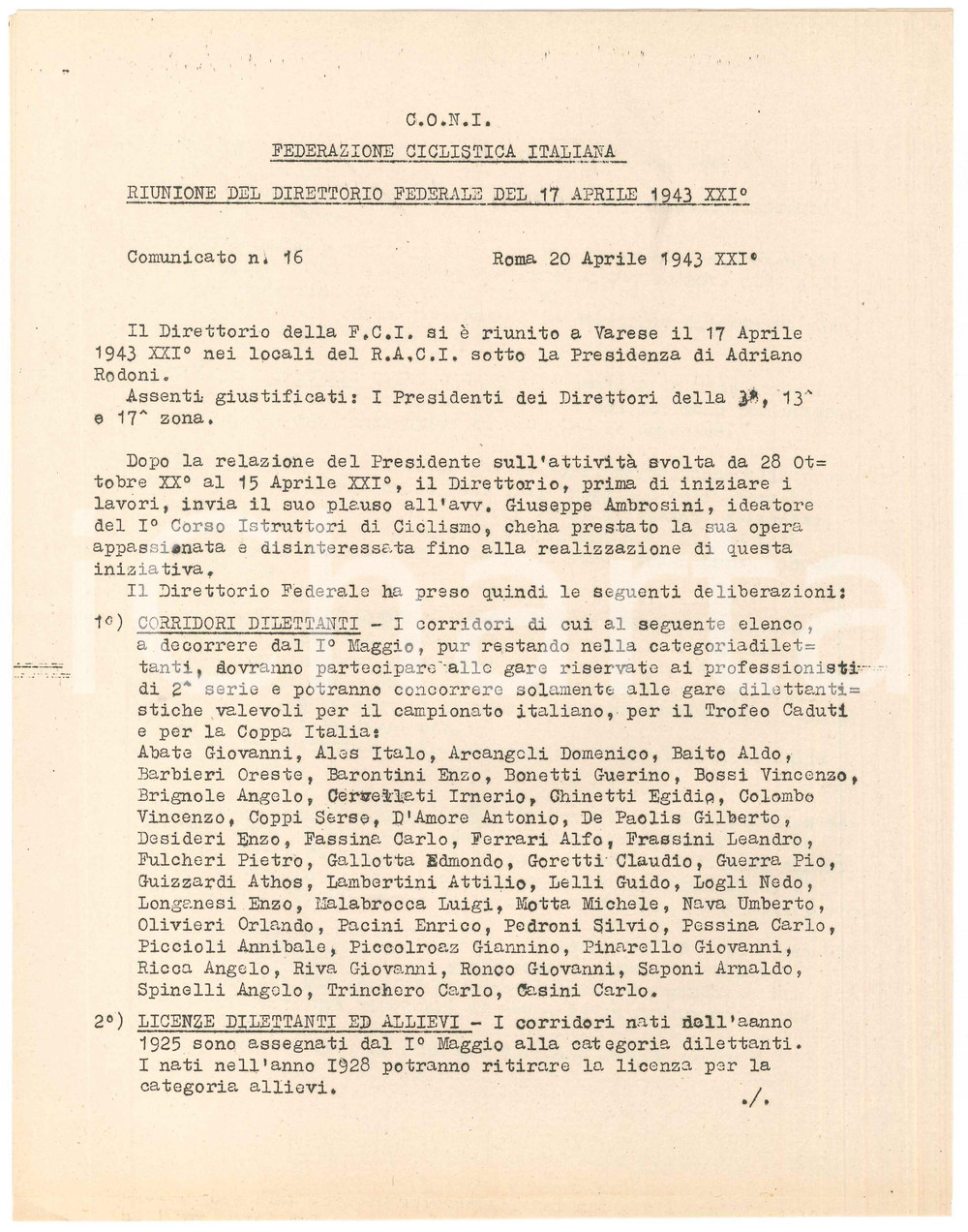 Documento originale, autentico 1943 CONI CICLISMO  Deliberazioni su corridori dilettanti e professionisti 1