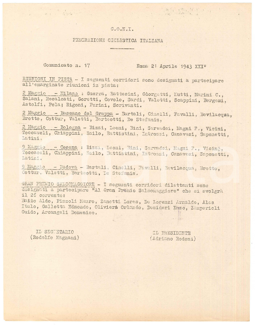 Documento originale, autentico 1943 CONI CICLISMO  Riunioni in pista  Gran Premio Salsomaggiore Comunicato 1
