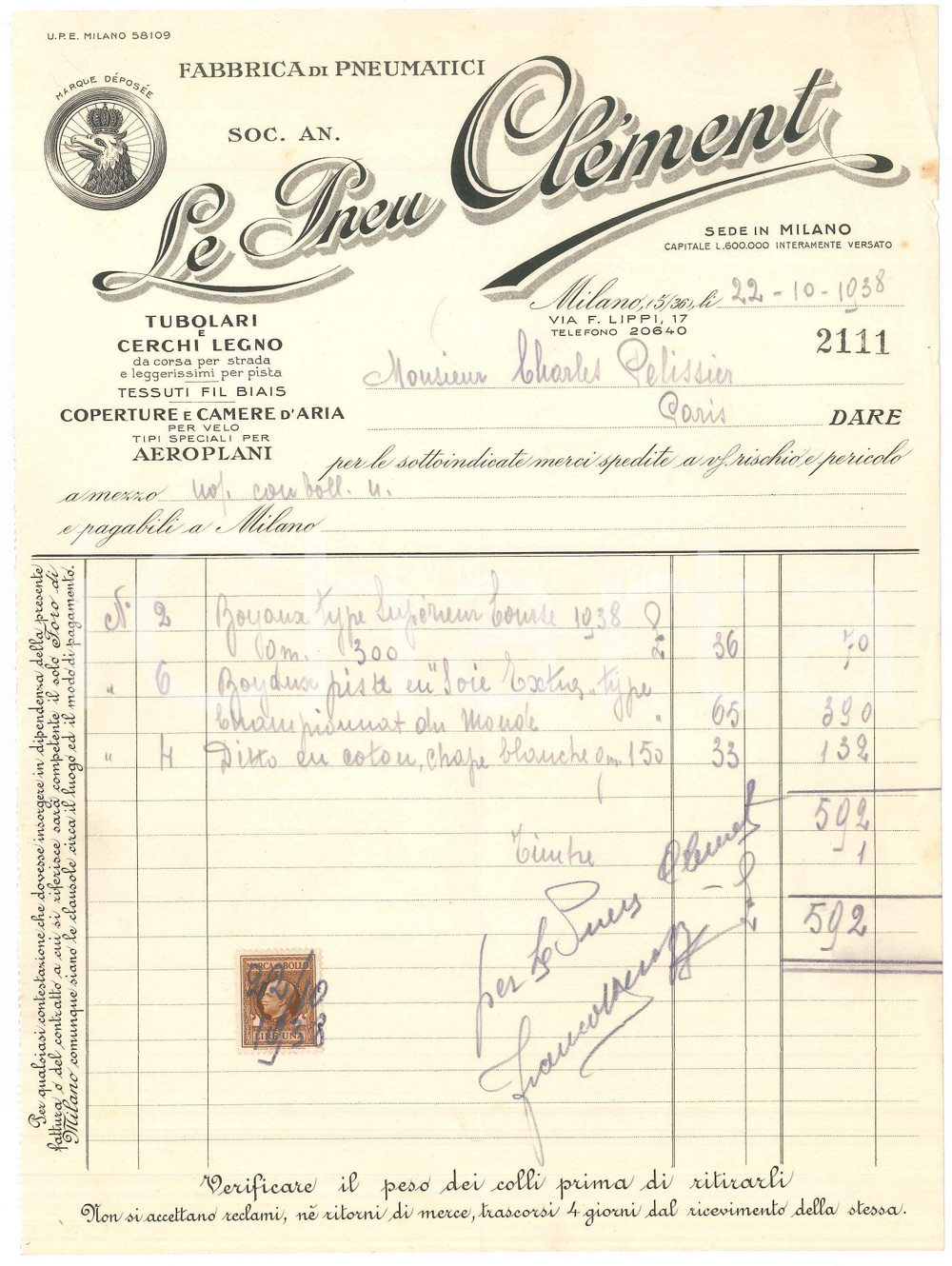 Documento originale, autentico 1938 MILANO via Lippi 17  Fabbrica pneumatici LE PNEU CLEMENT  Fattura 1