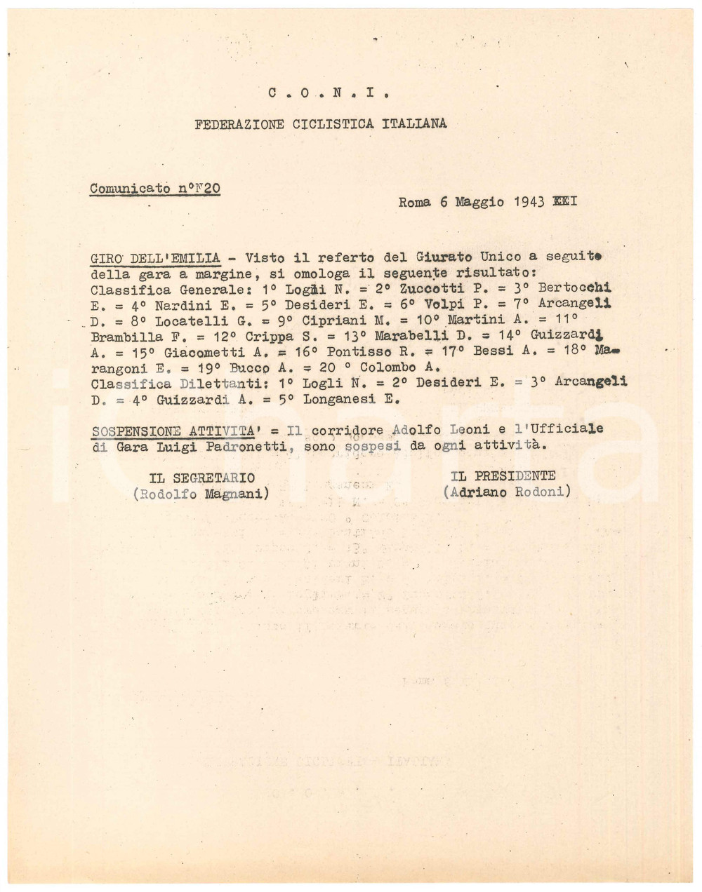 Documento originale, autentico 1943 CONI CICLISMO Giro dell Emilia  Sospensione Adolfo LEONI Comunicato 1