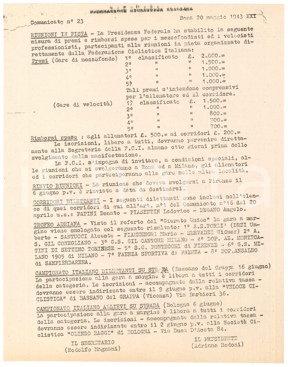 Documento originale, autentico 1943 CONI CICLISMO Campionato italiano su strada  Trofeo Adriana  Comunicato 1