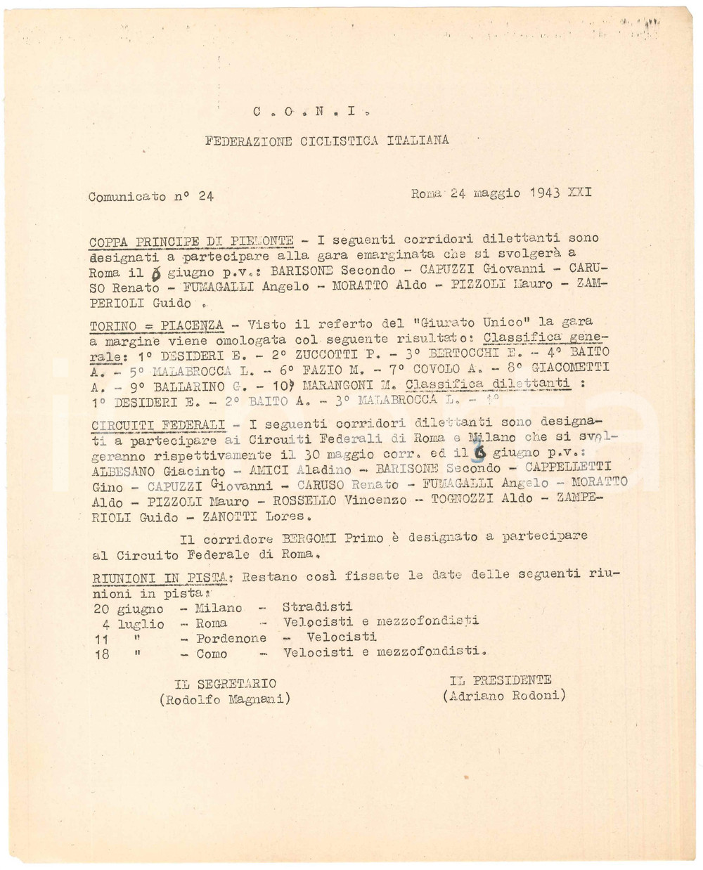 Documento originale, autentico 1943 CONI CICLISMO Coppa Principe di Piemonte  TorinoPiacenza  Comunicato 1
