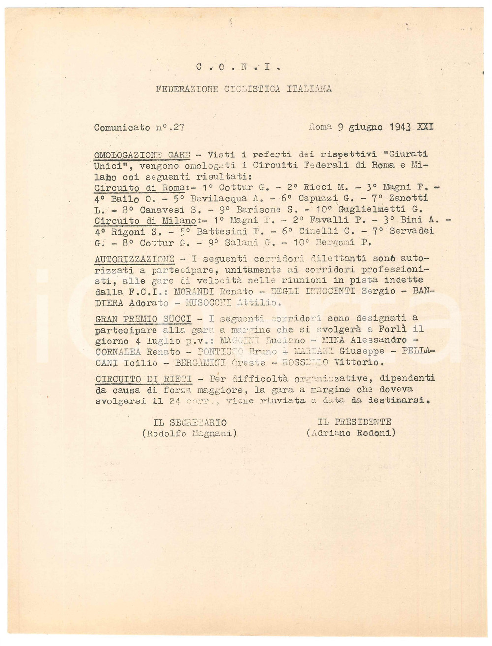 Documento originale, autentico 1943 CONI Federazione Ciclistica Italiana  Gran Premio SUCCI Comunicato 1