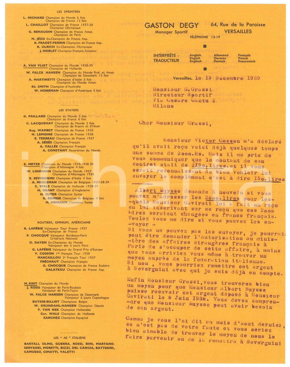 Autografo originale 1939 CICLISMO VERSAILLES Gaston DEGY su saldo Victor COSSON Albert BUYSSE 1
