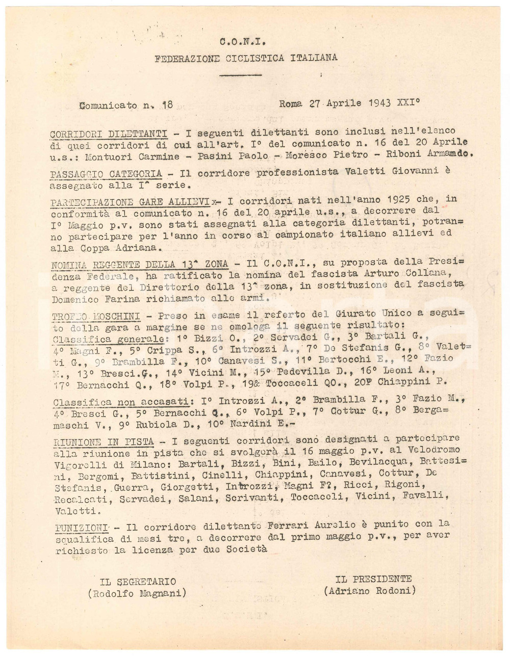 Documento originale, autentico 1943 CONI CICLISMO Riunione al Velodromo Vigorelli  Trofeo Moschini Comunicato 1
