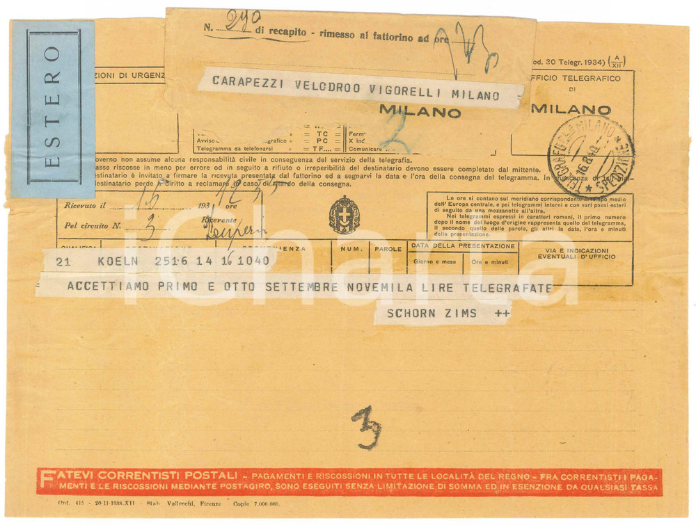 Documento originale, autentico 1940 CICLISMO MILANO Telegramma Jean SCHORN  Pretese economiche eccessive 1