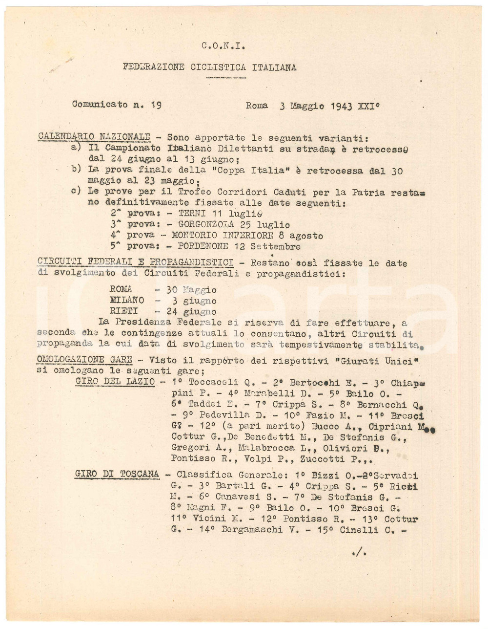 Documento originale, autentico 1943 CONI CICLISMO Circuiti federali e propagandistici  Calendario Comunicato 1