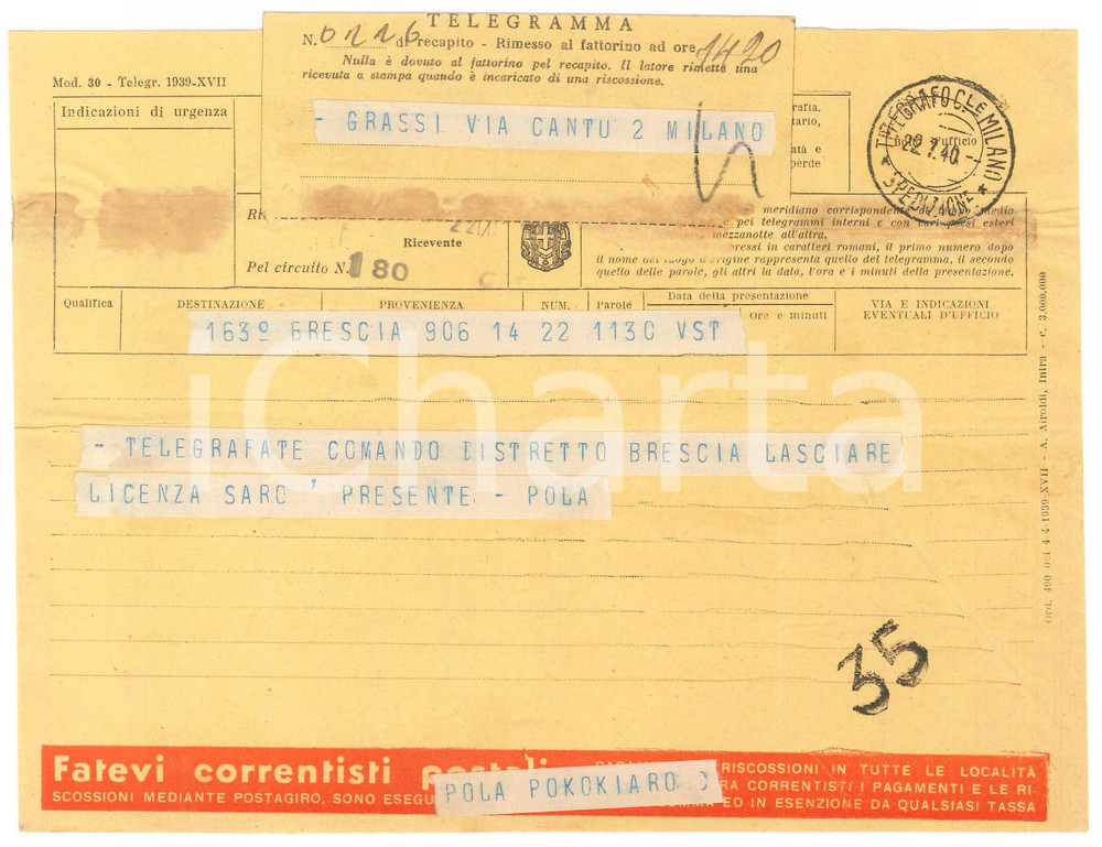 Documento originale, autentico 1940 CICLISMO BRESCIA Telegramma Benedetto POLA  Licenza militare per gara 1