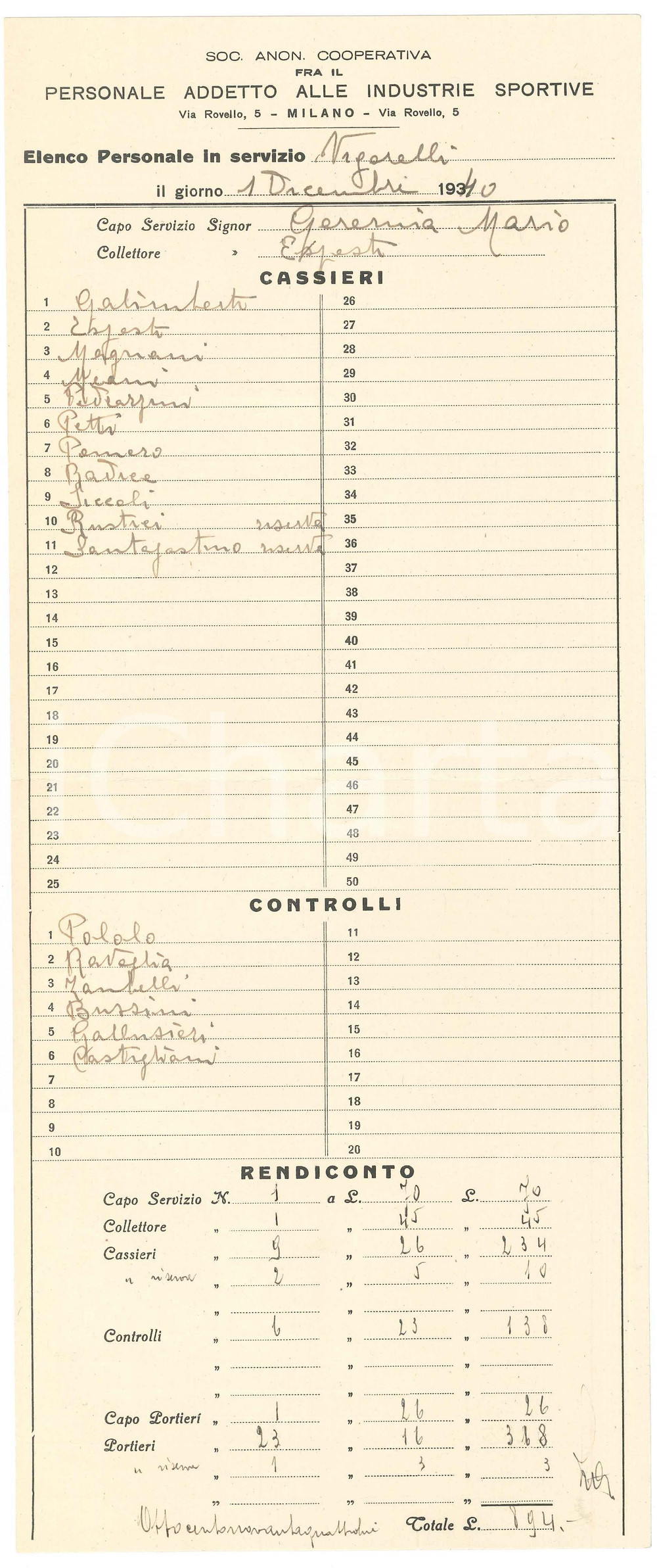 Documento originale, autentico 1940 CICLISMO MILANO Velodromo VIGORELLI  Personale in servizio  Cassieri 1 1