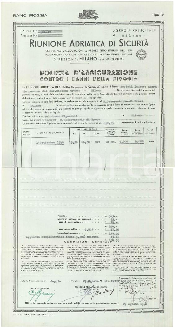 Documento originale, autentico 1940 MILANO CICLISMO  Riunione Adriatica di SicurtÃ   Polizza per danni pioggia 1