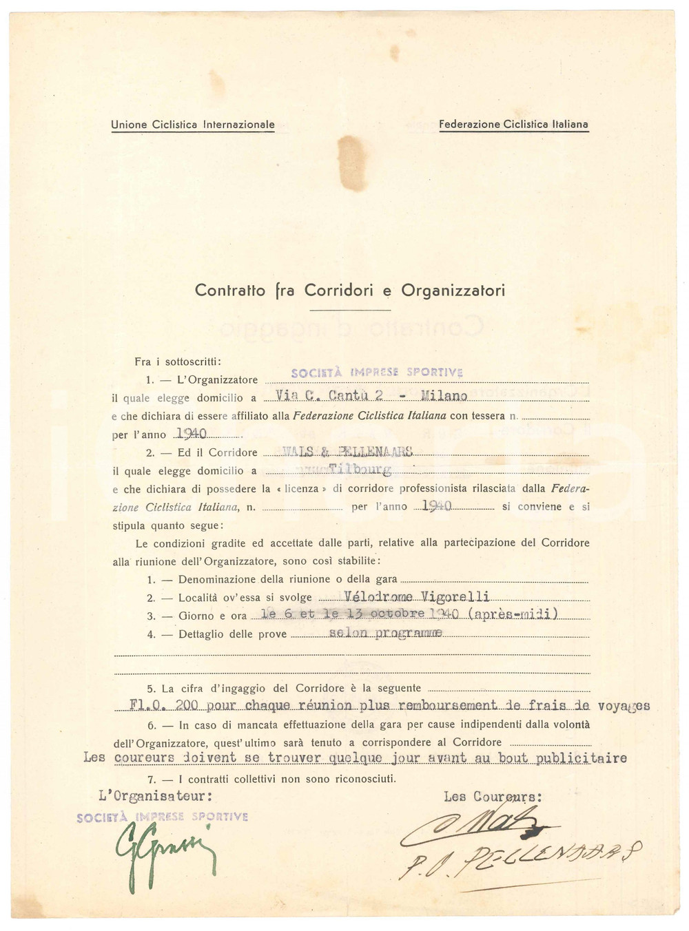 Autografo originale 1940 CICLISMO MILANO  Contratto di ingaggio WALS PELLENAARS  Autografi 1