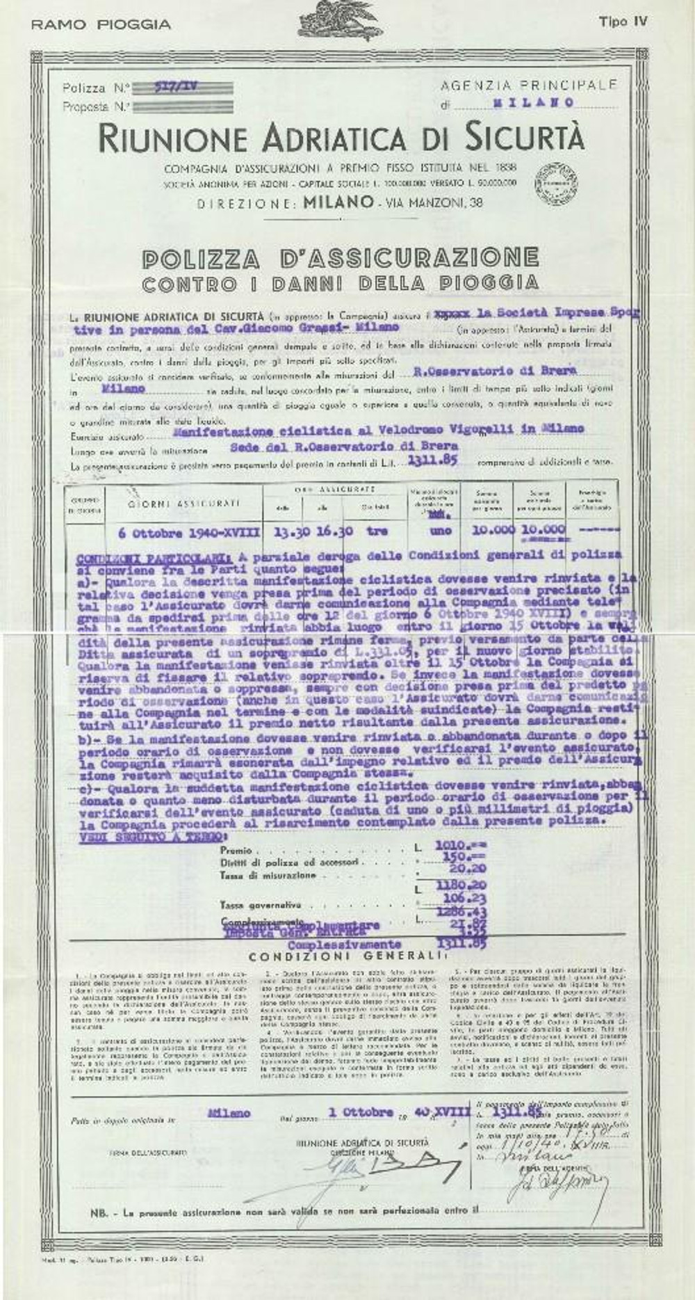 Documento originale, autentico 1940 MILANO CICLISMO  Riunione Adriatica di SicurtÃ   Polizza per pioggia 1