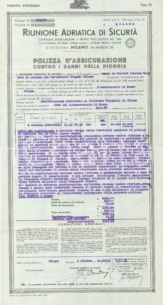 Documento originale, autentico 1940 MILANO CICLISMO  Riunione Adriatica di Sicurtà  Polizza per pioggia 1