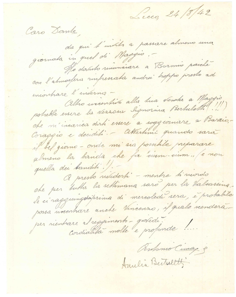 Autografo originale 1942 LECCO Lettera Antonio CIMA per invito a un amico  AUTOGRAFO 1