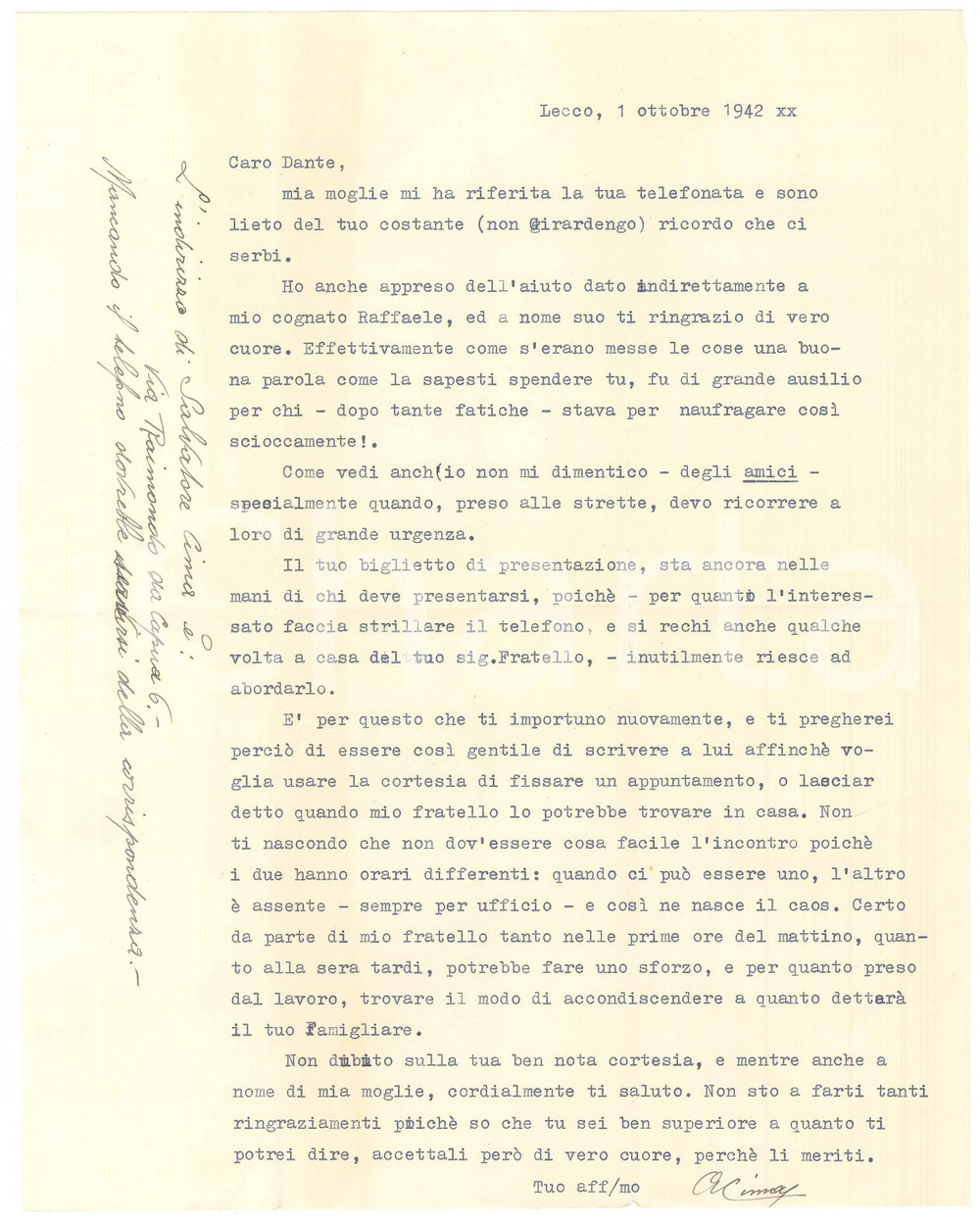 Autografo originale 1942 LECCO Lettera Antonio CIMA per un appuntamento  AUTOGRAFO 1