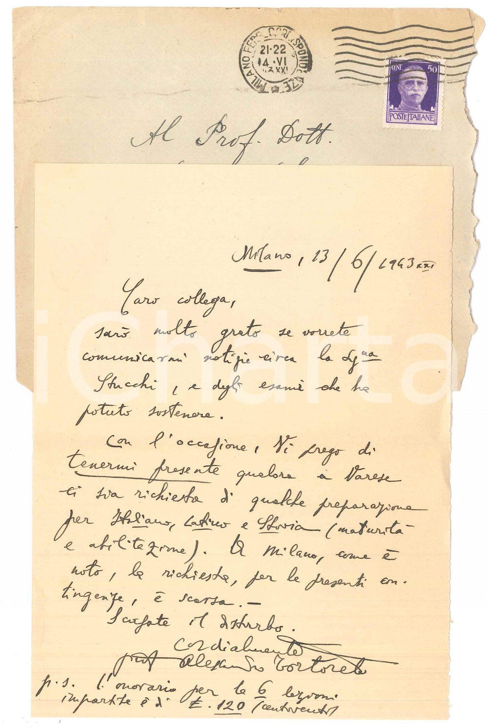 Manoscritto, lettera originale 1943 MILANO Lettera Alessandro TORTORETO per lezioni a Varese  AUTOGRAFO 1