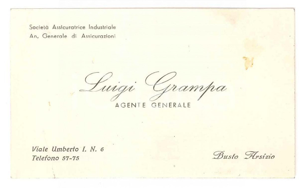Oggetto da collezione cartaceo 1940 ca BUSTO ARSIZIO Luigi GRAMPA agente SAI Assicurazioni  Biglietto 1