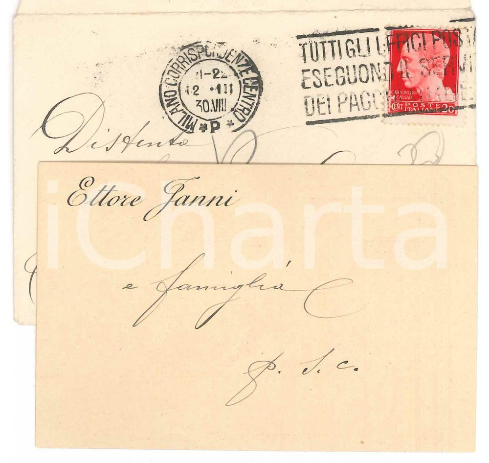 Autografo originale 1930 MILANO Ettore JANNI e famiglia  Biglietto da visita autografo 1