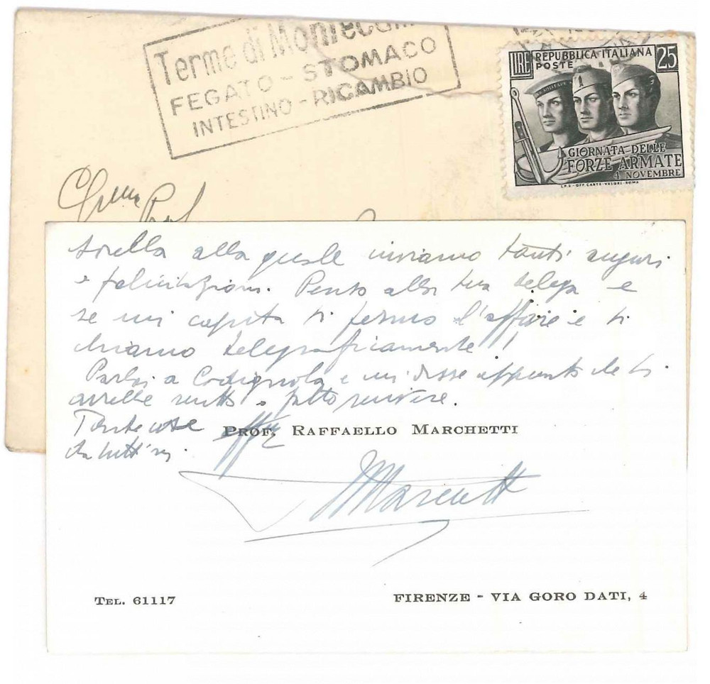 Autografo originale 1953 FIRENZE Raffaello MARCHETTI  Biglietto da visita auguri AUTOGRAFO 1