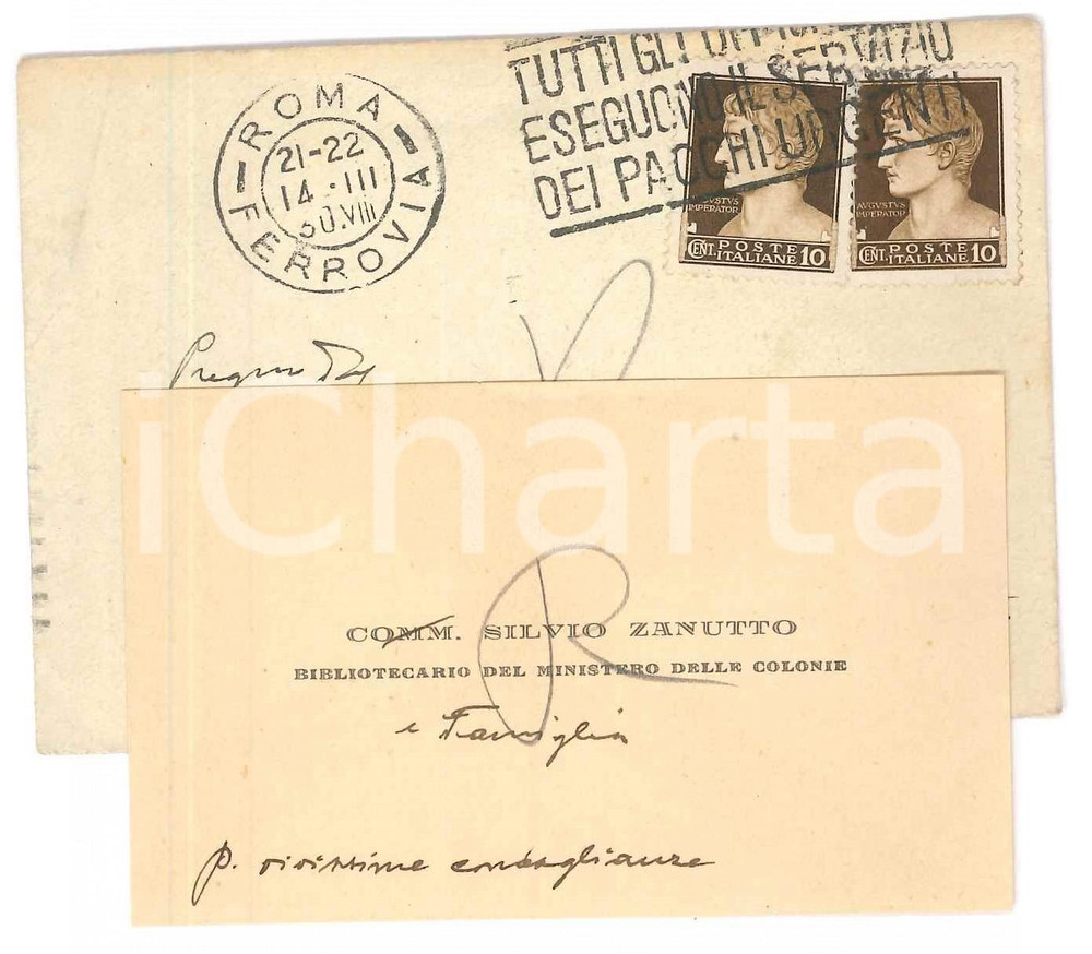 Autografo originale 1930 ROMA Silvio ZANUTTO Bibliotecario Ministero Colonie  Biglietto AUTOGRAFO 1