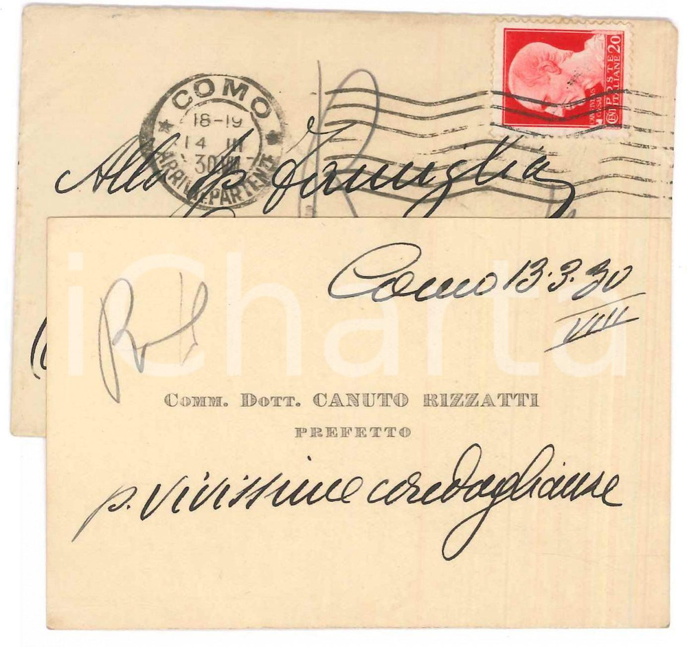 Autografo originale 1930 COMO Prefetto Canuto RIZZATTI  Biglietto da visita autografo 1