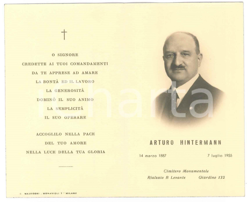 Oggetto da collezione cartaceo 1955 MILANO In memoria di Arturo HINTERMANN Santino con ritratto 1