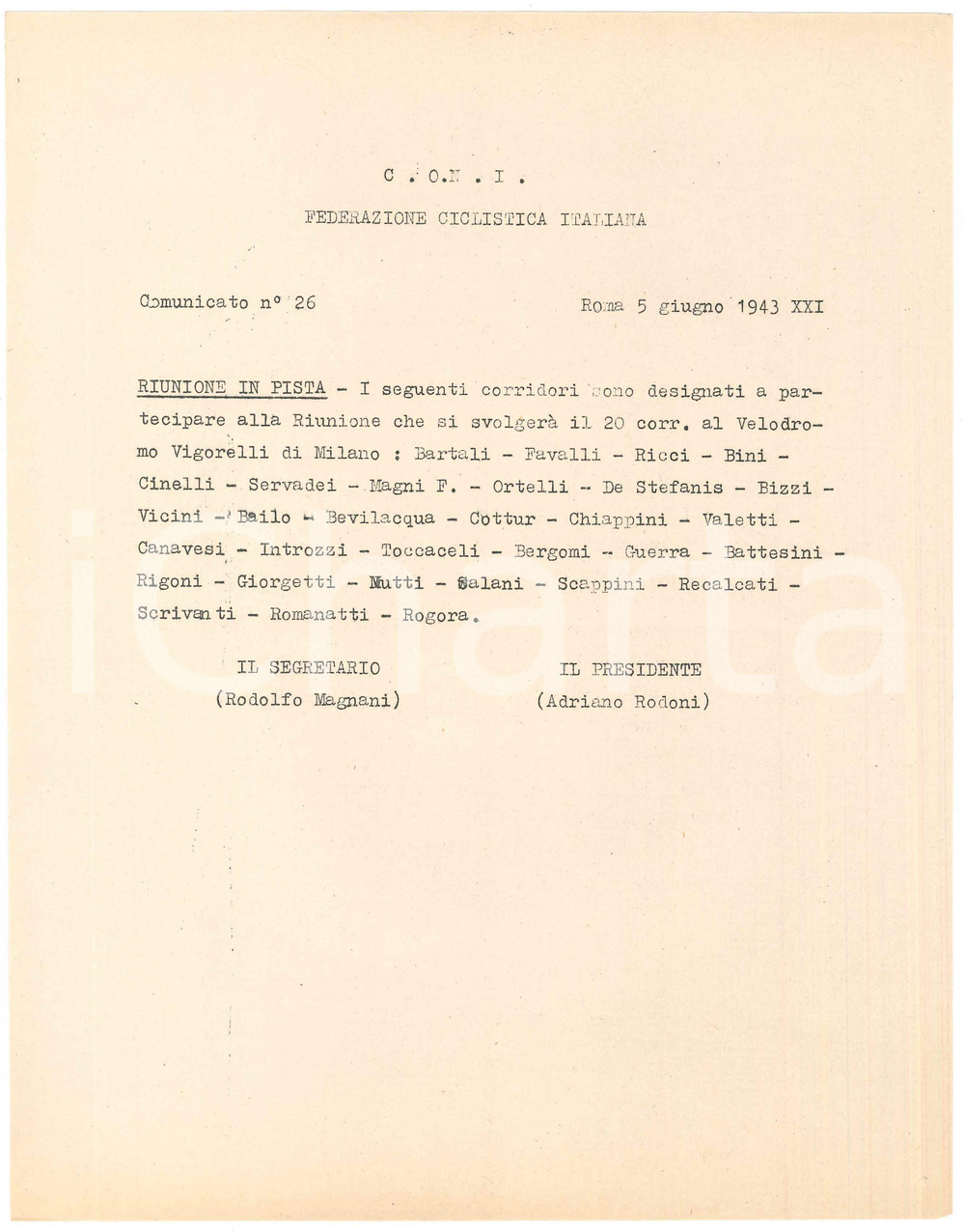 Documento originale, autentico 1943 CONI Federazione Ciclistica Italiana  Corridori convocati Comunicato 1