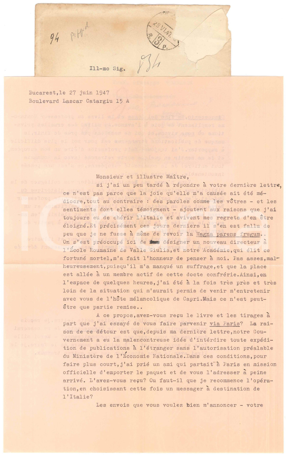 Autografo originale 1947 BUCAREST Dionisie PIPPIDI direttore mancato Accademia di Romania AUTOGRAFO 1