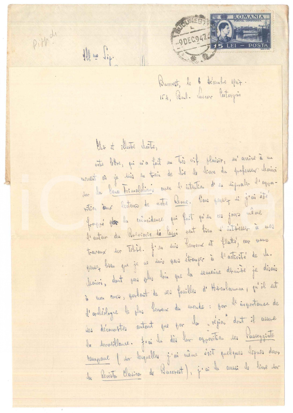 Autografo originale 1947 BUCAREST Dionisie PIPPIDI ammira il lavoro di Amedeo MAIURI AUTOGRAFO 1