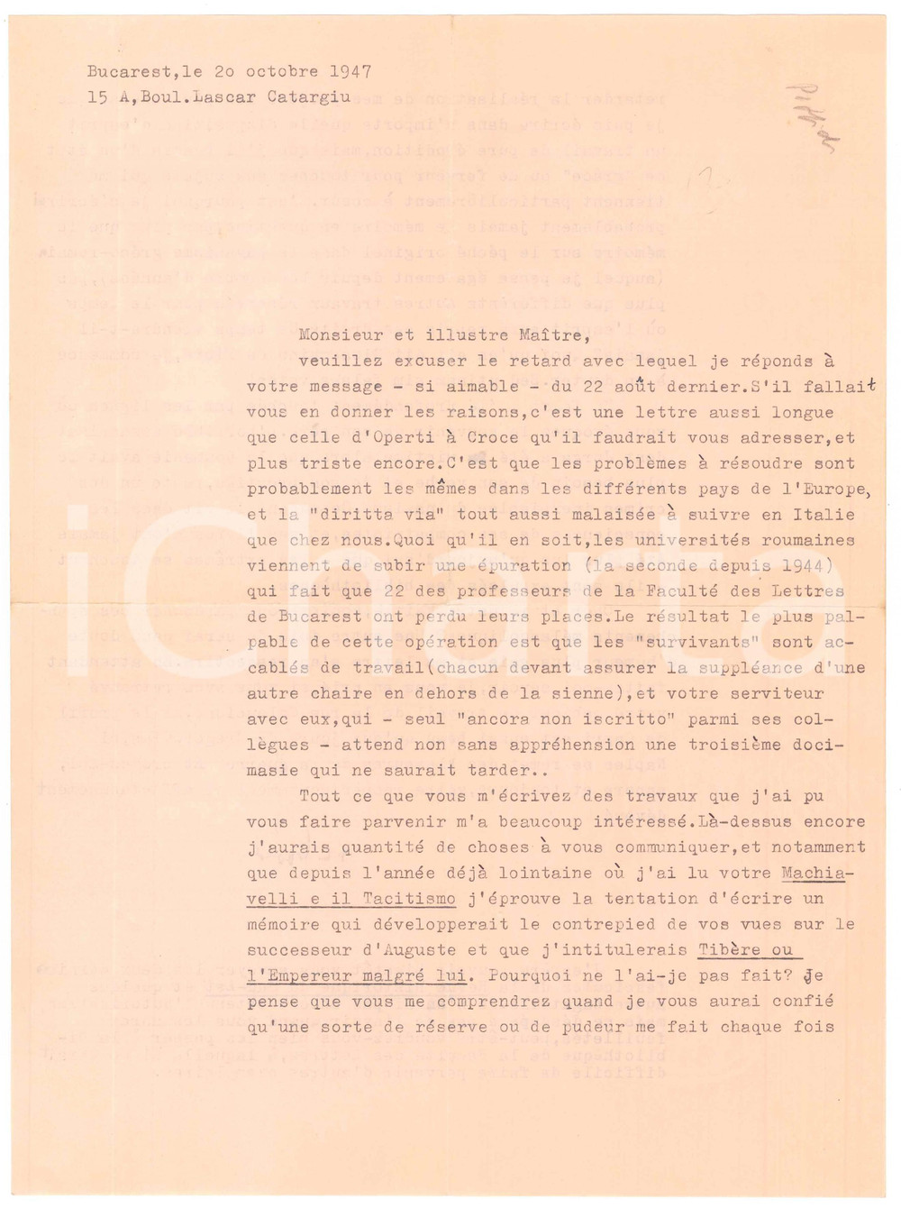1947 BUCAREST (ROMANIA) Dionisie PIPPIDI - Epurazione nelle università AUTOGRAFO