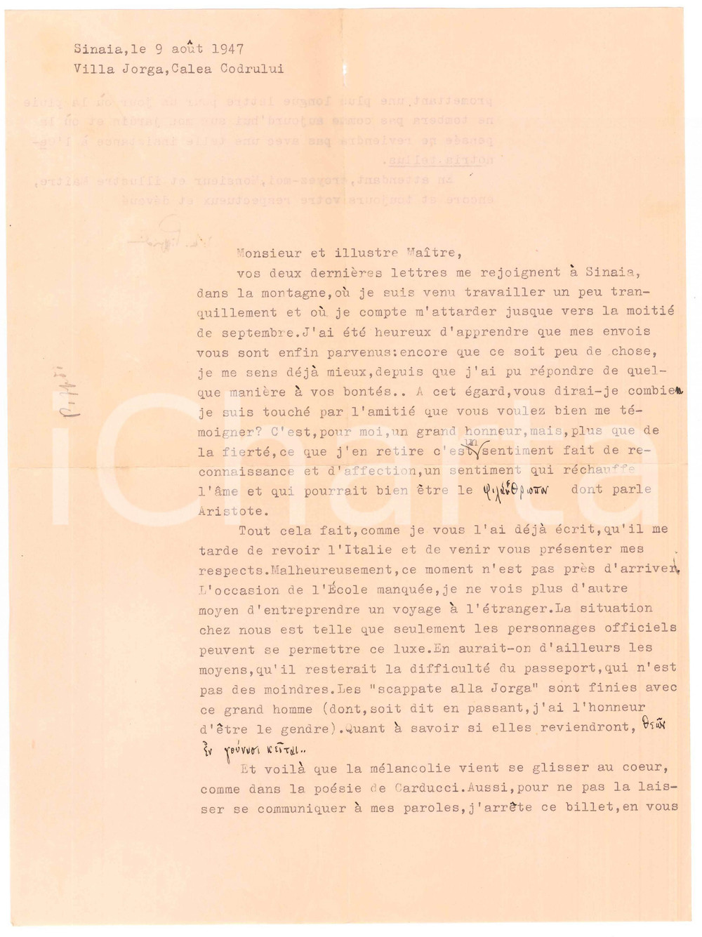Autografo originale 1947 BUCAREST Dionisie PIPPIDI  Difficoltà per uscire dalla Romania AUTOGRAFO 1