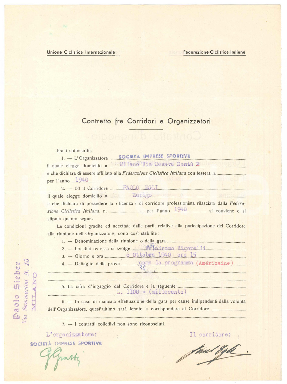 Autografo originale 1940 CICLISMO MILANO  Contratto di ingaggio Paolo EGLI  Autografo 1