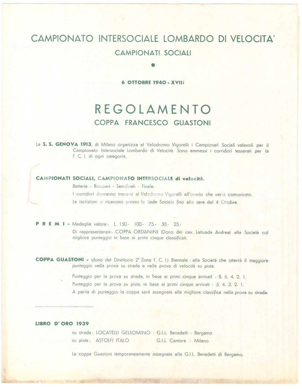Documento originale, autentico 1940 CICLISMO Campionato Lombardo di VelocitÃ   Coppa GUASTONI  Regolamento 1