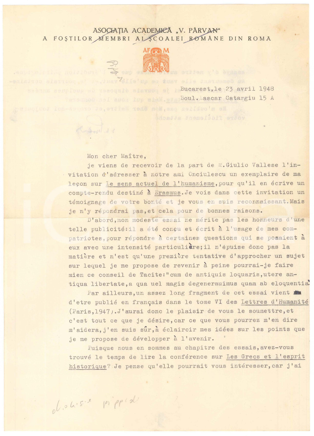 Autografo originale 1948 BUCAREST Dionisie PIPPIDI su collaborazione con Erasmus AUTOGRAFO 1