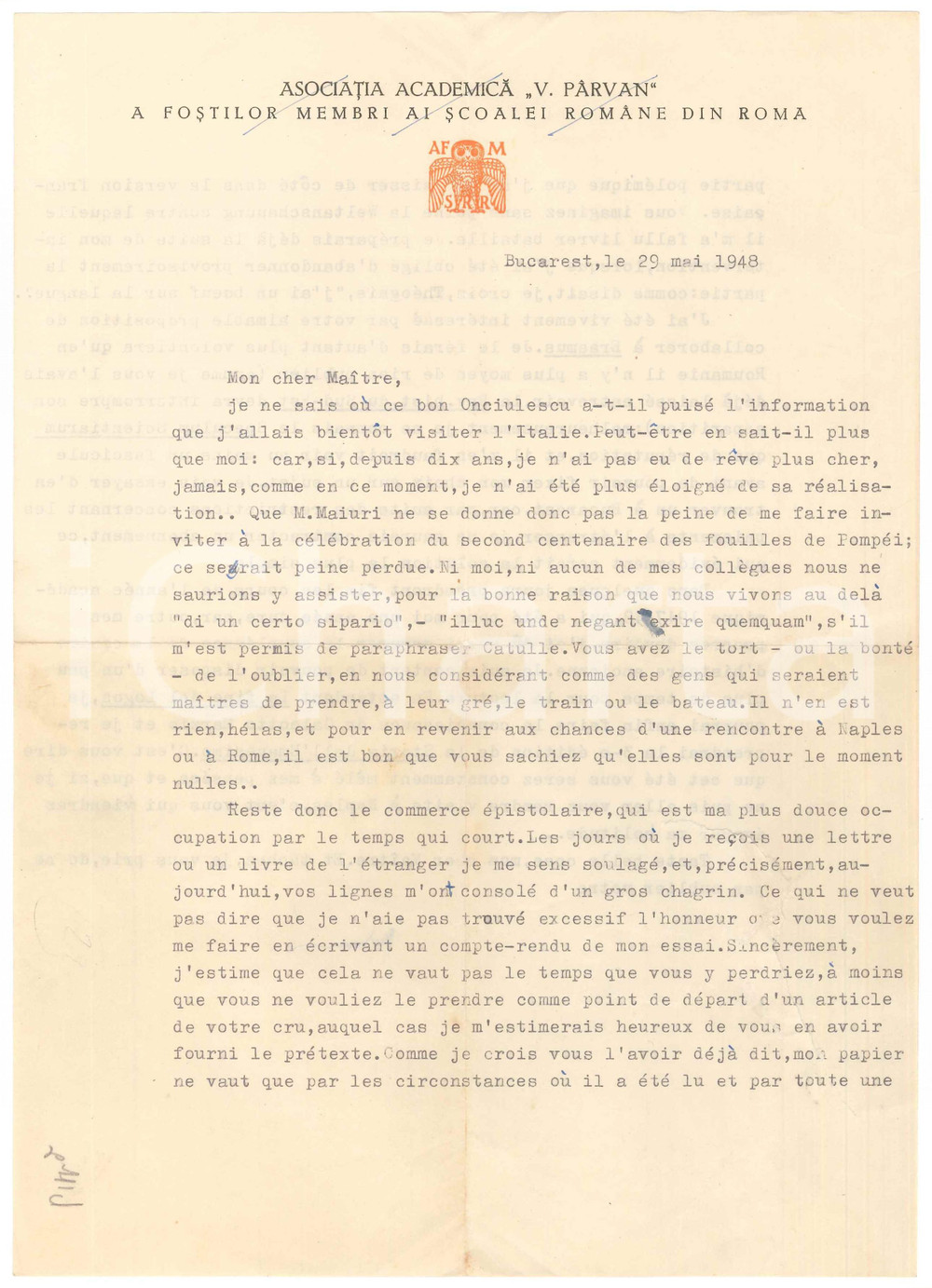 Autografo originale 1948 BUCAREST Lettera Dionisie PIPPIDI su collaborazione con Erasmus AUTOGRAFO 1