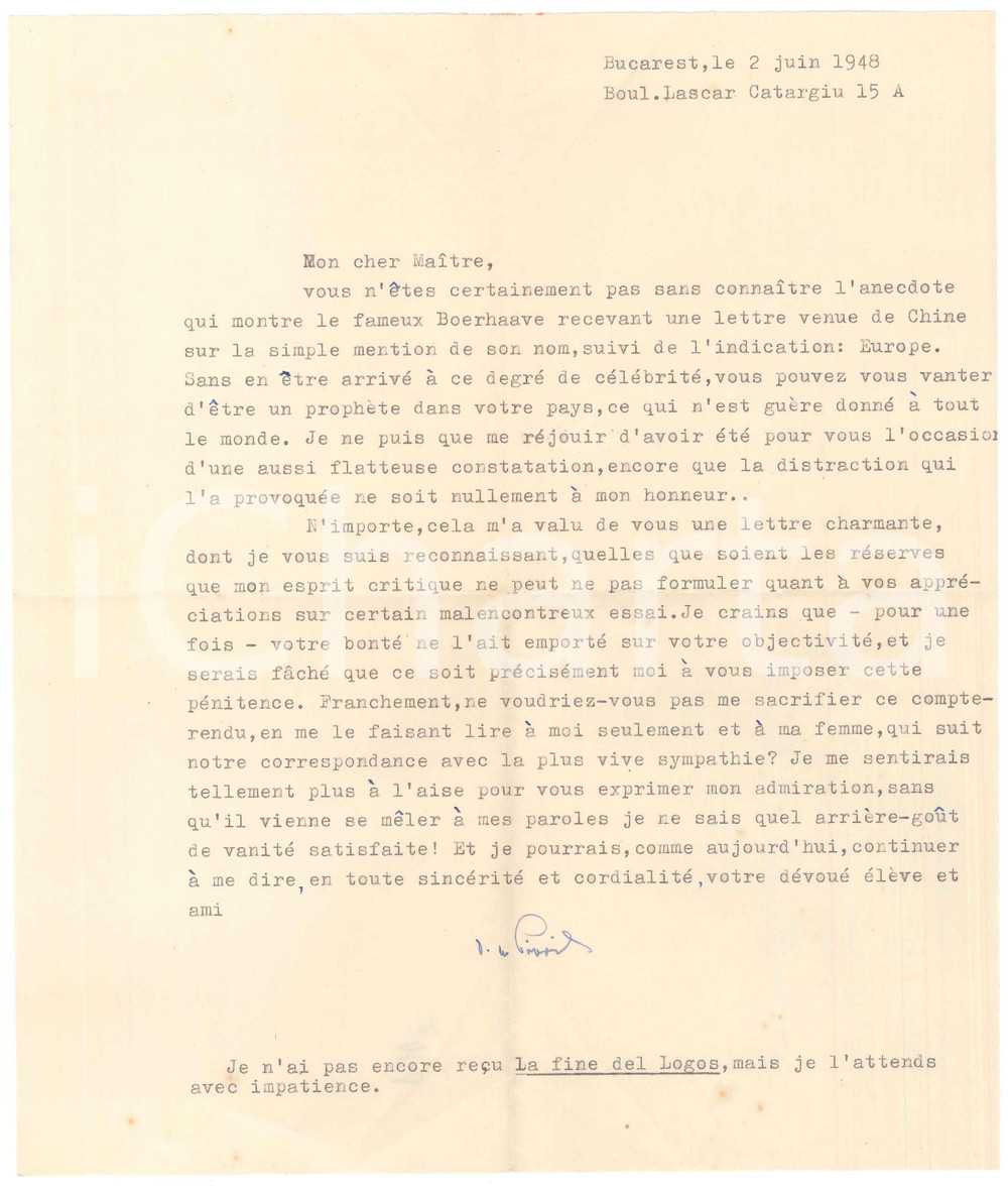 Autografo originale 1948 BUCAREST Lettera Dionisie PIPPIDI per ringraziare un collega AUTOGRAFO 1
