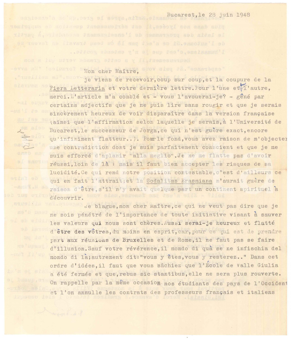 Autografo originale 1948 BUCAREST Dionisie PIPPIDI ringrazia un collega per la recensione AUTOGRAFO 1