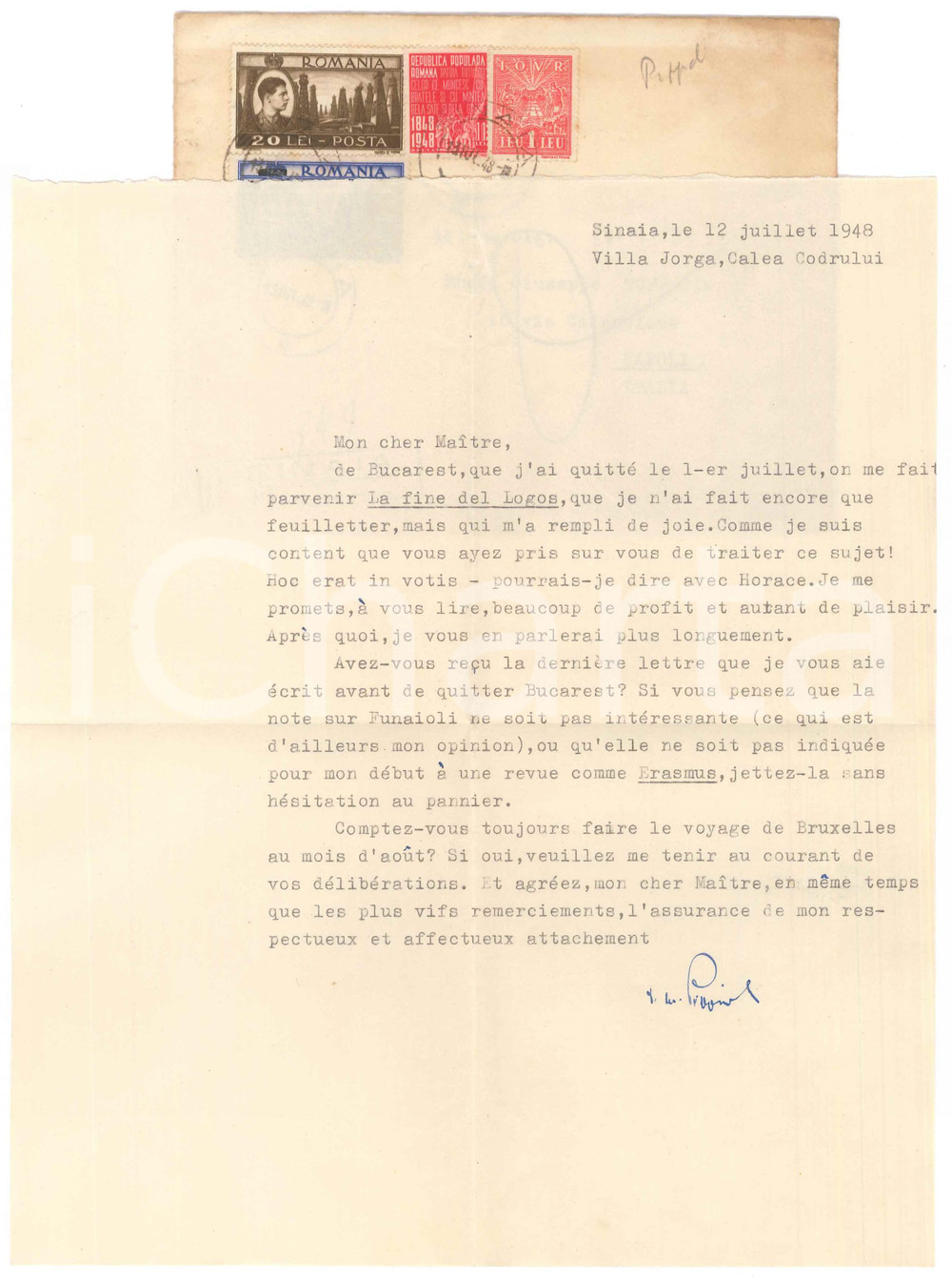 1948 SINAIA (ROMANIA) Lettera Dionisie PIPPIDI per libro ricevuto *AUTOGRAFO