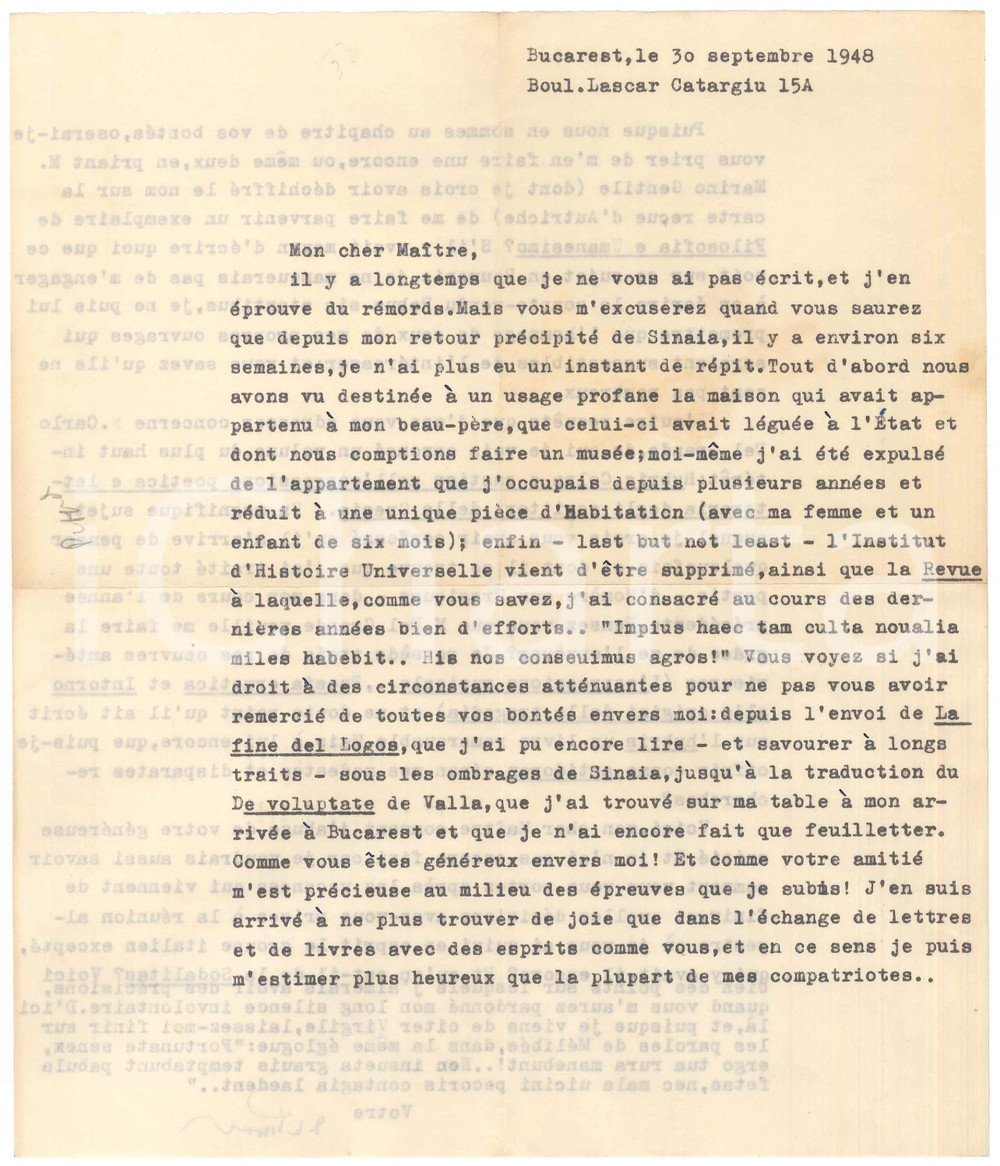 Autografo originale 1948 BUCAREST Dionisie PIPPIDI espropriato chiede libri per conforto AUTOGRAFO 1