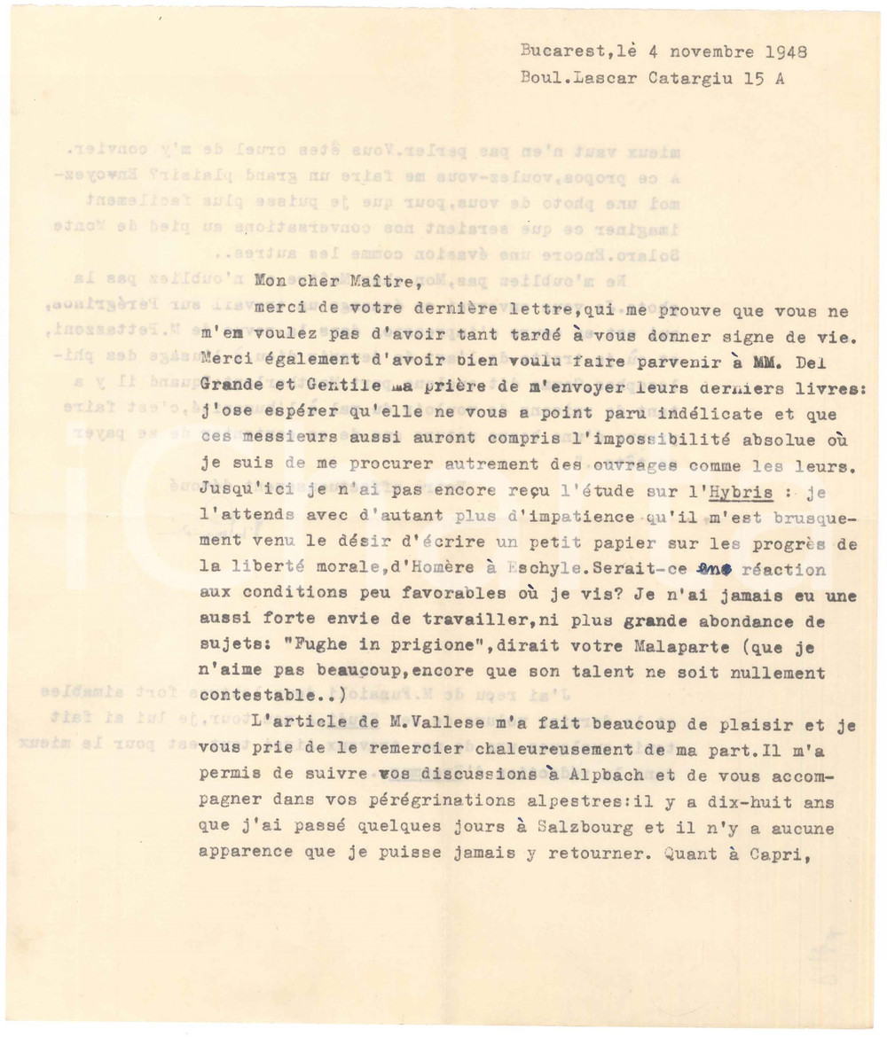 Autografo originale 1948 BUCAREST Dionisie PIPPIDI progetta studio sulla libertÃ  morale AUTOGRAFO 1