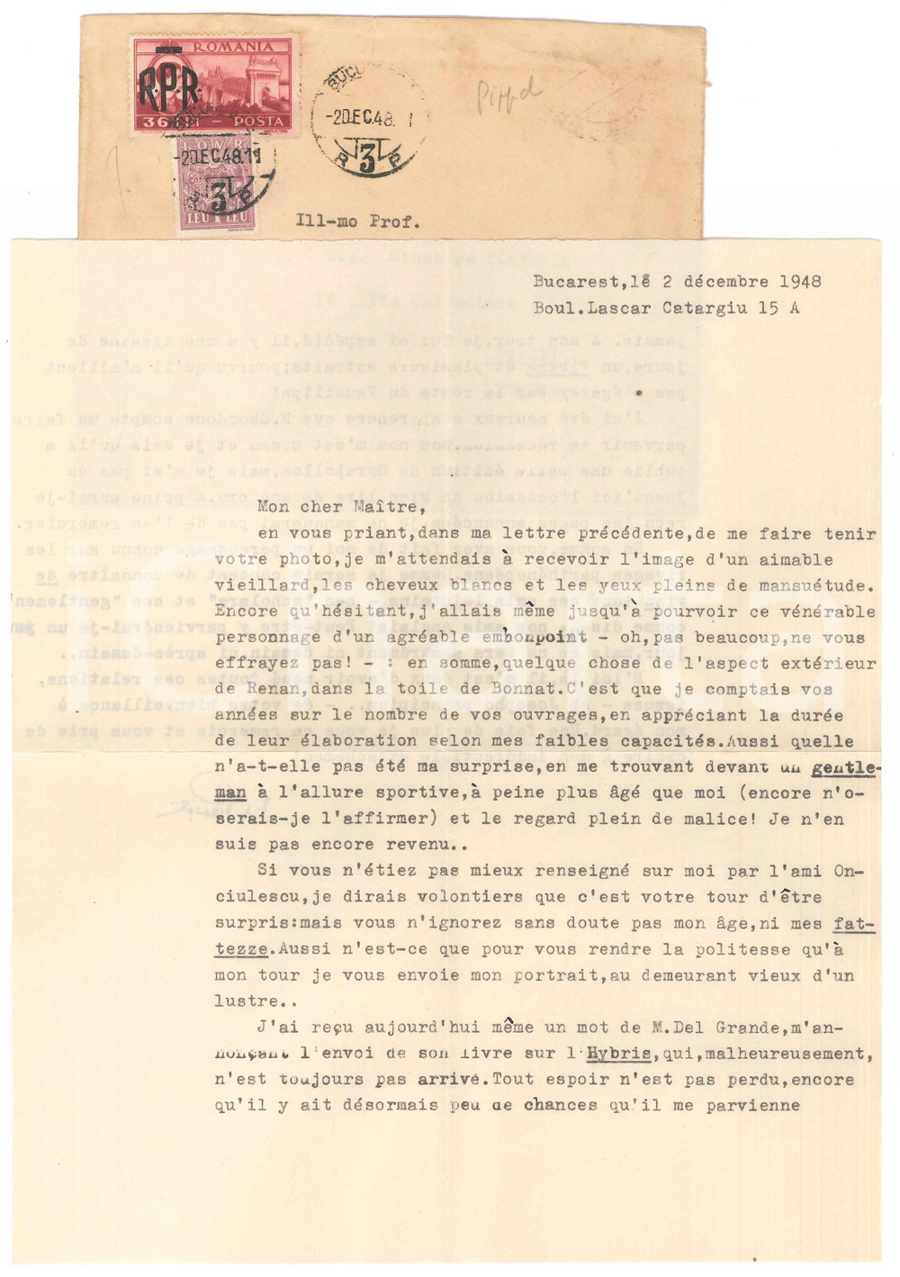 Autografo originale 1948 BUCAREST Dionisie PIPPIDI attende libro sull Hybris AUTOGRAFO 1