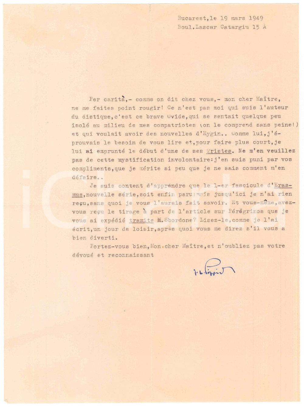 Autografo originale 1949 BUCAREST Storico Dionisie PIPPIDI ringrazia un collega  Autografo 1