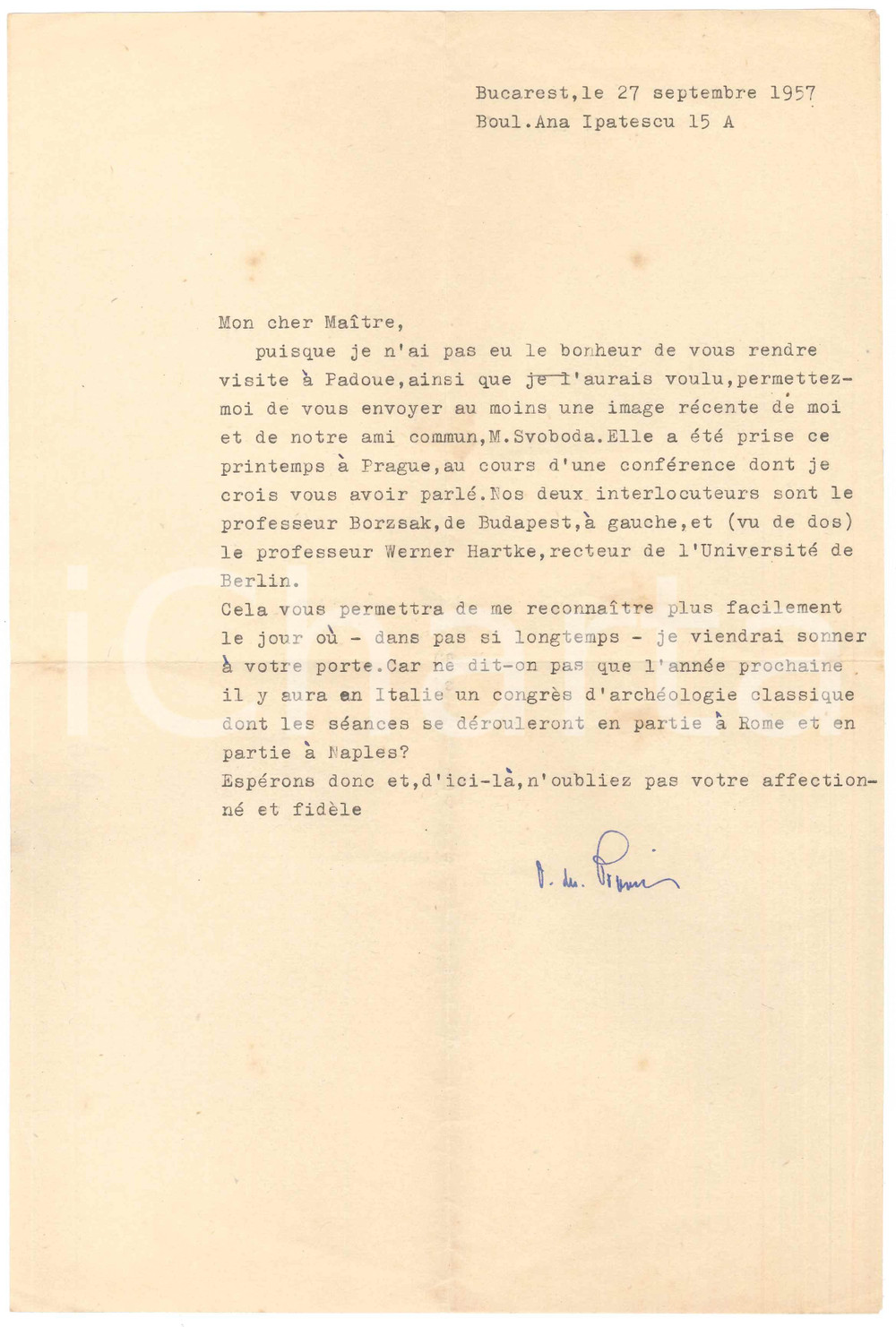 Autografo originale 1957 BUCAREST Storico Dionisie PIPPIDI prevede un viaggio in Italia  Autografo 1