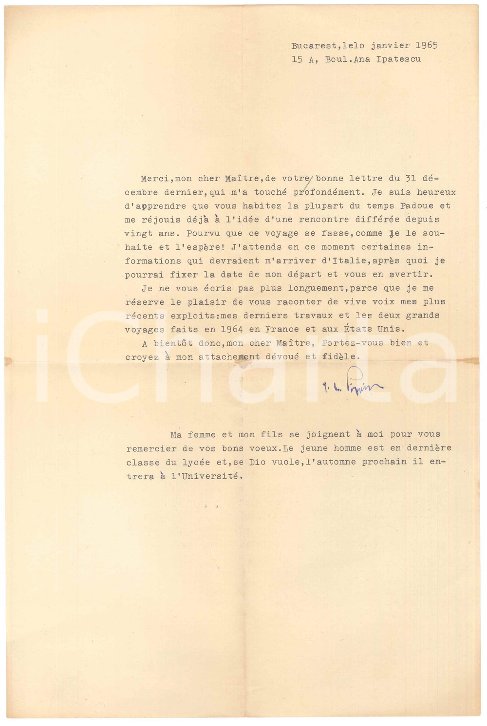 Autografo originale 1965 BUCAREST Lettera Dionisie PIPPIDI per viaggio in Italia  Autografo 1