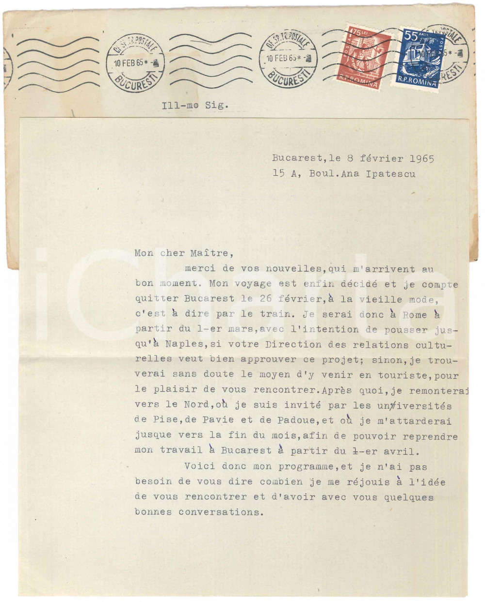 Autografo originale 1965 BUCAREST Lettera Dionisie PIPPIDI per viaggio a Roma  Autografo 1