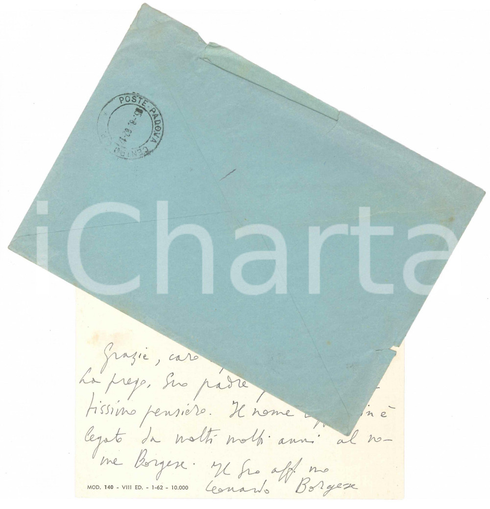 Autografo originale 1962 MILANO CORRIERE DELLA SERA Biglietto Leonardo BORGESE  Autografo 1