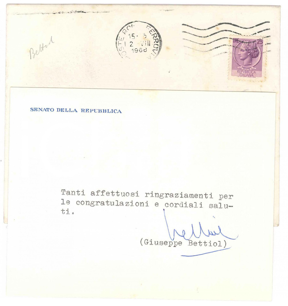 Autografo originale 1968 ROMA Biglietto senatore Giuseppe BETTIOL per ringraziamento  AUTOGRAFO 1